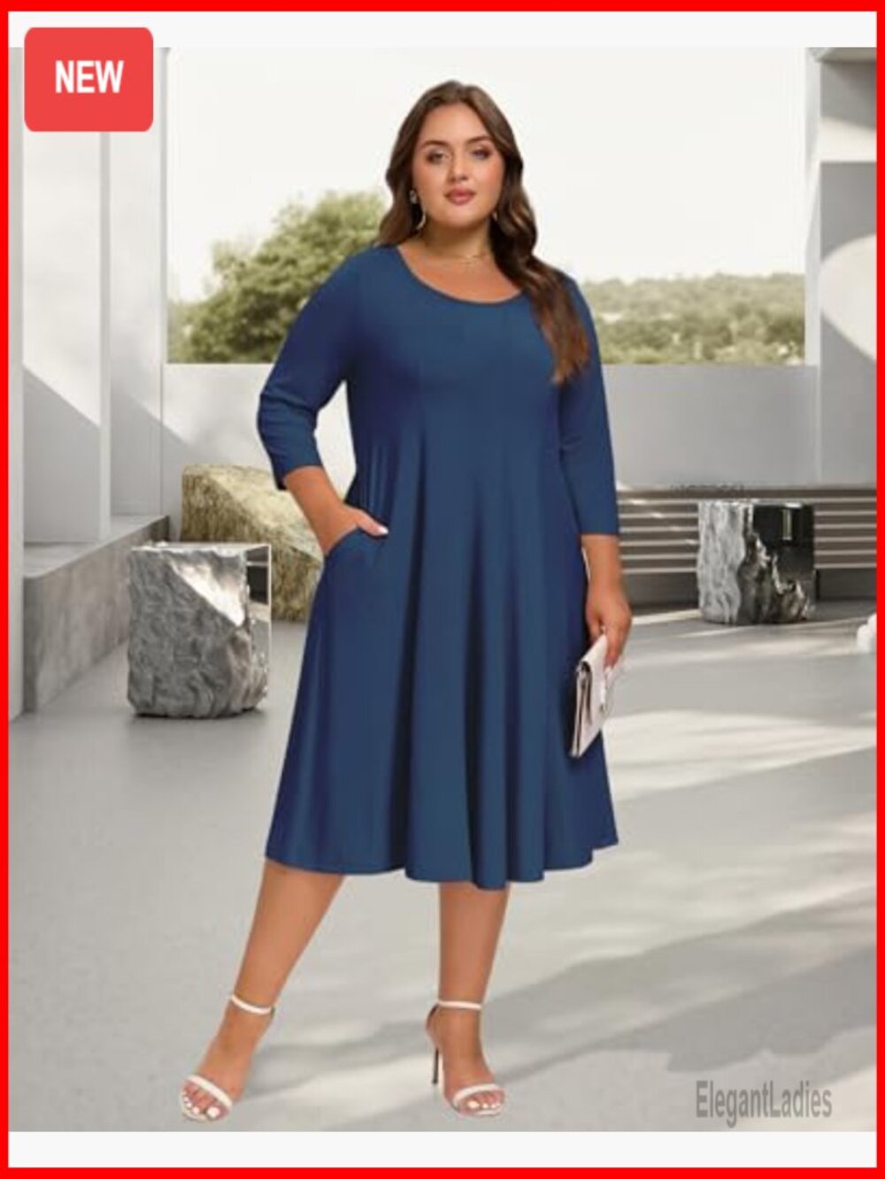 Plus Size Midi Dress 3/4 Sleeve A-Line Casual with Pockets - Picture 5 of 6